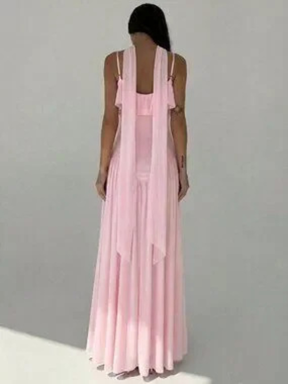 ZARA Pink Elegant Women's Ruffle Collar Fitted Waist Maxi Dress